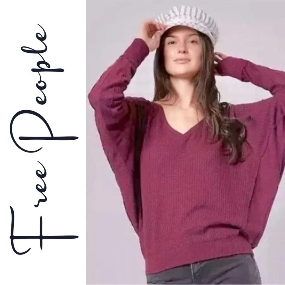 Free People Santa Clara Thermal Berry Xs V-neck Slub Off shoulders shirt top NWT